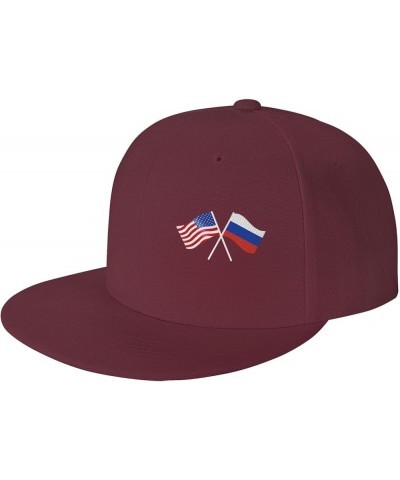 American and Russia Flag Flat Brim Cap Unisex Flat Bill Baseball Cap Dark Red $13.30 Baseball Caps