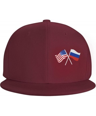 American and Russia Flag Flat Brim Cap Unisex Flat Bill Baseball Cap Dark Red $13.30 Baseball Caps