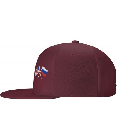 American and Russia Flag Flat Brim Cap Unisex Flat Bill Baseball Cap Dark Red $13.30 Baseball Caps