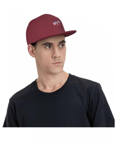 American and Russia Flag Flat Brim Cap Unisex Flat Bill Baseball Cap Dark Red $13.30 Baseball Caps