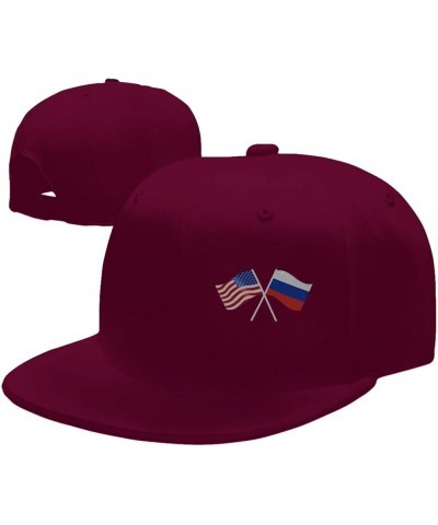 American and Russia Flag Flat Brim Cap Unisex Flat Bill Baseball Cap Dark Red $13.30 Baseball Caps