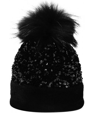 Women Outdoor Warm Knitted Hat Dyed Raccoon Ball Sequined Hat Ear Hat in Winter Men Trapper Winter Hat Bk2-b $15.24 Bomber Hats