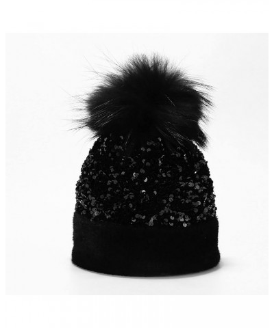 Women Outdoor Warm Knitted Hat Dyed Raccoon Ball Sequined Hat Ear Hat in Winter Men Trapper Winter Hat Bk2-b $15.24 Bomber Hats