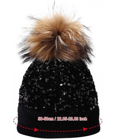 Women Outdoor Warm Knitted Hat Dyed Raccoon Ball Sequined Hat Ear Hat in Winter Men Trapper Winter Hat Bk2-b $15.24 Bomber Hats