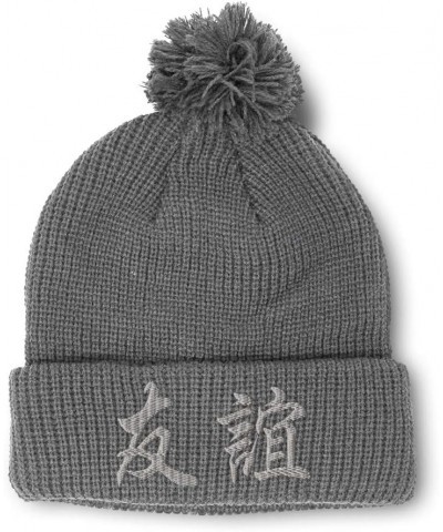 Pom Pom Beanies for Women Chinese Symbol for Friendship Embroidery Skull Cap Winter Hats for Men 1 Size Light Grey Design Onl...