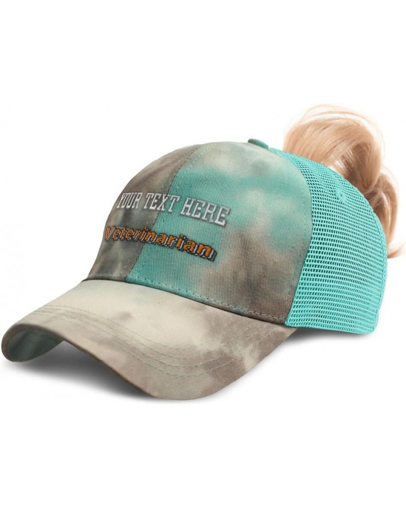 Custom Womens Ponytail Cap Veterinarian Medical Cotton Veterinary Distressed Trucker Hat Tie Dye Aqua Personalized Text Here ...