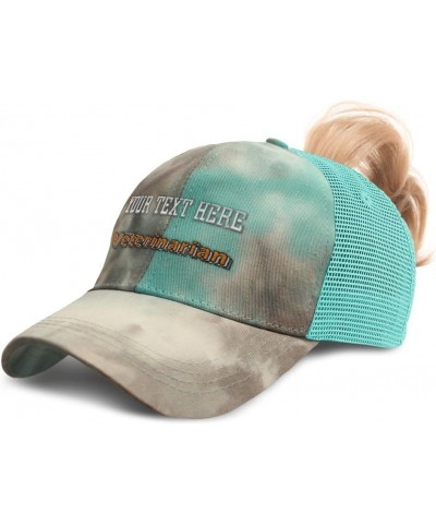 Custom Womens Ponytail Cap Veterinarian Medical Cotton Veterinary Distressed Trucker Hat Tie Dye Aqua Personalized Text Here ...