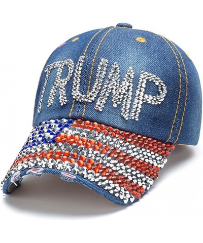 Trump 2024 Baseball Cap Denim Distressed Bling Rhinestone Hat USA Flag Cap Adjustable Unisex Trump Flag $8.61 Baseball Caps