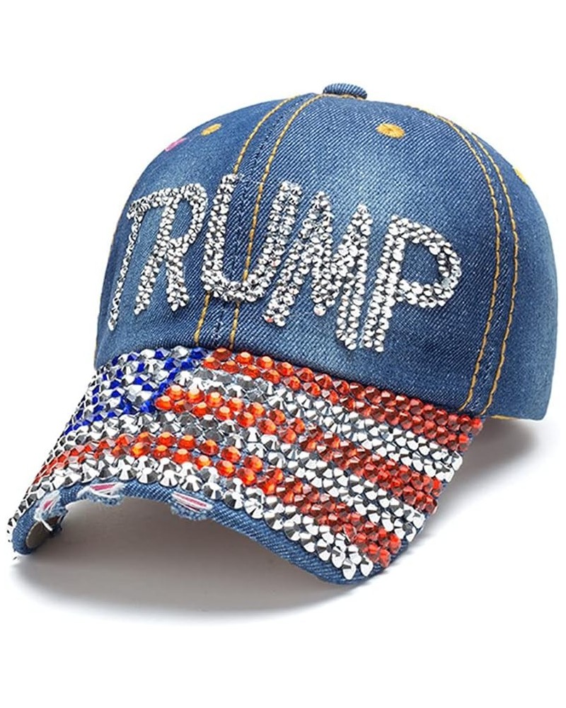 Trump 2024 Baseball Cap Denim Distressed Bling Rhinestone Hat USA Flag Cap Adjustable Unisex Trump Flag $8.61 Baseball Caps