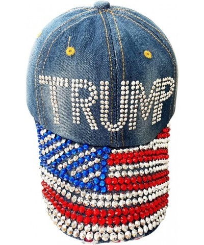 Trump 2024 Baseball Cap Denim Distressed Bling Rhinestone Hat USA Flag Cap Adjustable Unisex Trump Flag $8.61 Baseball Caps