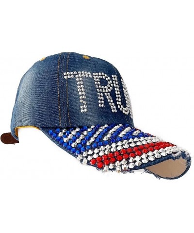 Trump 2024 Baseball Cap Denim Distressed Bling Rhinestone Hat USA Flag Cap Adjustable Unisex Trump Flag $8.61 Baseball Caps