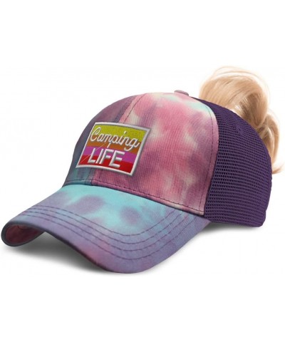 Custom Womens Ponytail Cap Camping Life Practice Hobbie Distressed Trucker Caps Tie Dye Purple Design Only $16.73 Baseball Caps