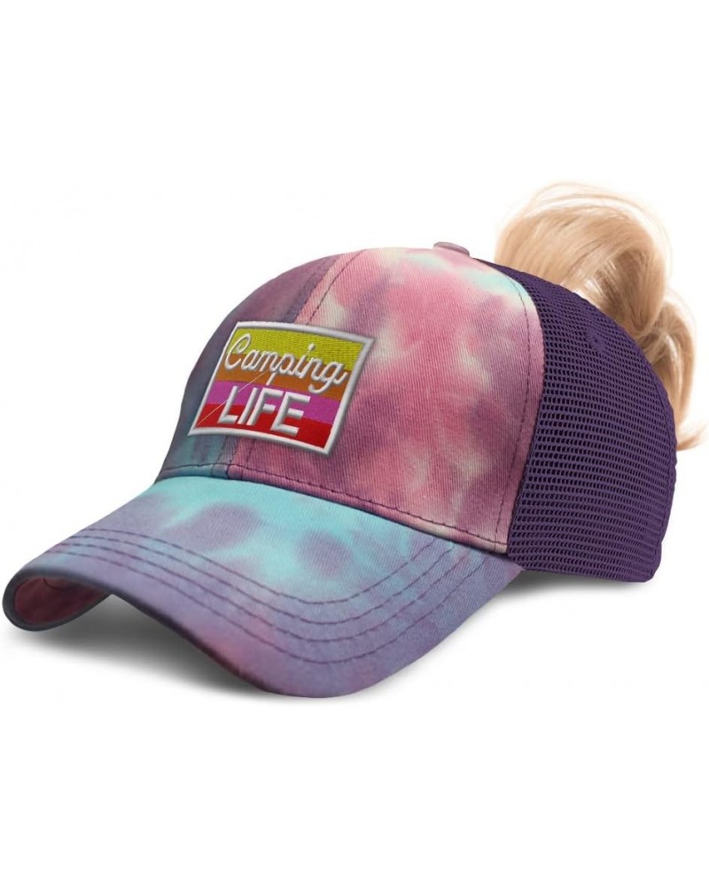 Custom Womens Ponytail Cap Camping Life Practice Hobbie Distressed Trucker Caps Tie Dye Purple Design Only $16.73 Baseball Caps