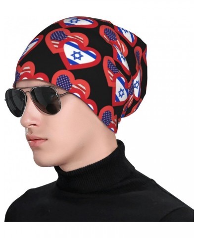 Hearts America and Israel Beanie,Soft Warm Skull Cap Stretchy Knit Hat for Men and Women Black $9.38 Skullies & Beanies