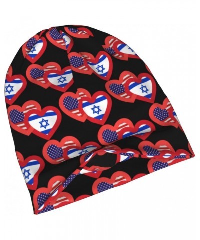 Hearts America and Israel Beanie,Soft Warm Skull Cap Stretchy Knit Hat for Men and Women Black $9.38 Skullies & Beanies