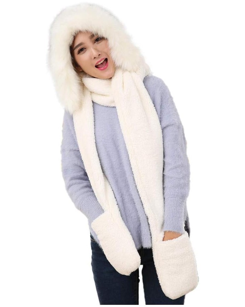 Winter Warm Women Girls Fashion Hoodie Hat Scarf Gloves Set Soft Plush Thick Warm Hat White $12.03 Fedoras