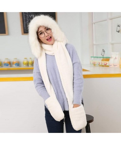 Winter Warm Women Girls Fashion Hoodie Hat Scarf Gloves Set Soft Plush Thick Warm Hat White $12.03 Fedoras