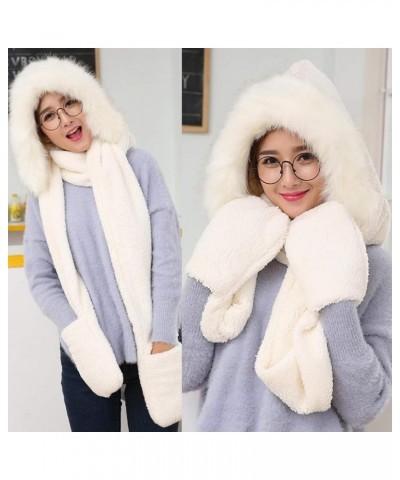 Winter Warm Women Girls Fashion Hoodie Hat Scarf Gloves Set Soft Plush Thick Warm Hat White $12.03 Fedoras