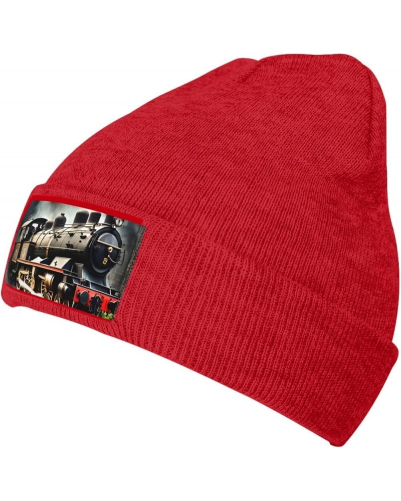 Steam Locomotive Train Print Knitted Hat Knit Cap Daily Knit Hat Men's Unisex Winter Beanie Hat Women Cap Red $10.97 Skullies...