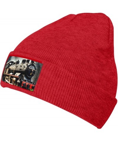 Steam Locomotive Train Print Knitted Hat Knit Cap Daily Knit Hat Men's Unisex Winter Beanie Hat Women Cap Red $10.97 Skullies...