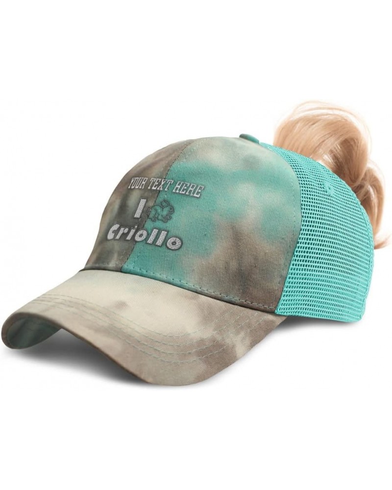 Womens Ponytail Cap I Rabbit Criollo Bunny Cotton Animal Distressed Trucker Hat Tie Dye Aqua Personalized Text Here $14.10 Ba...