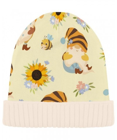 White Adults Women Men Knit Beanie Hat Pattern Sunflowers Honey Bees Gnomes Funny Comfortable Beanie Knit Hat Pattern Sunflow...