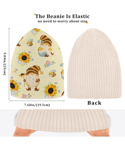 White Adults Women Men Knit Beanie Hat Pattern Sunflowers Honey Bees Gnomes Funny Comfortable Beanie Knit Hat Pattern Sunflow...