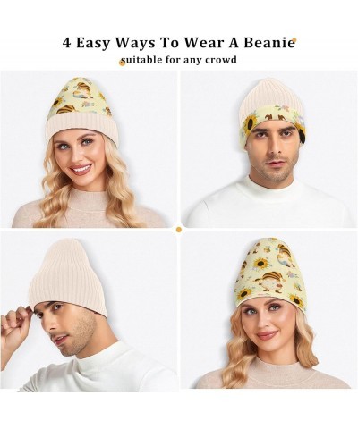 White Adults Women Men Knit Beanie Hat Pattern Sunflowers Honey Bees Gnomes Funny Comfortable Beanie Knit Hat Pattern Sunflow...