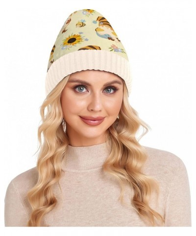 White Adults Women Men Knit Beanie Hat Pattern Sunflowers Honey Bees Gnomes Funny Comfortable Beanie Knit Hat Pattern Sunflow...