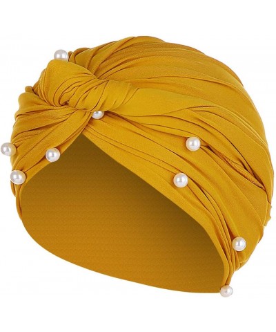 Turban Cap Ruffle Women Pearl Hat Wrap Muslim Beading Baseball Caps Periphery Hat Yellow $6.30 Skullies & Beanies