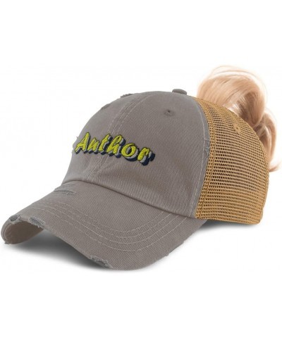 Custom Womens Ponytail Cap Author Book Cotton Reading Distressed Trucker Hat Grey Tan Design Only $15.07 Baseball Caps