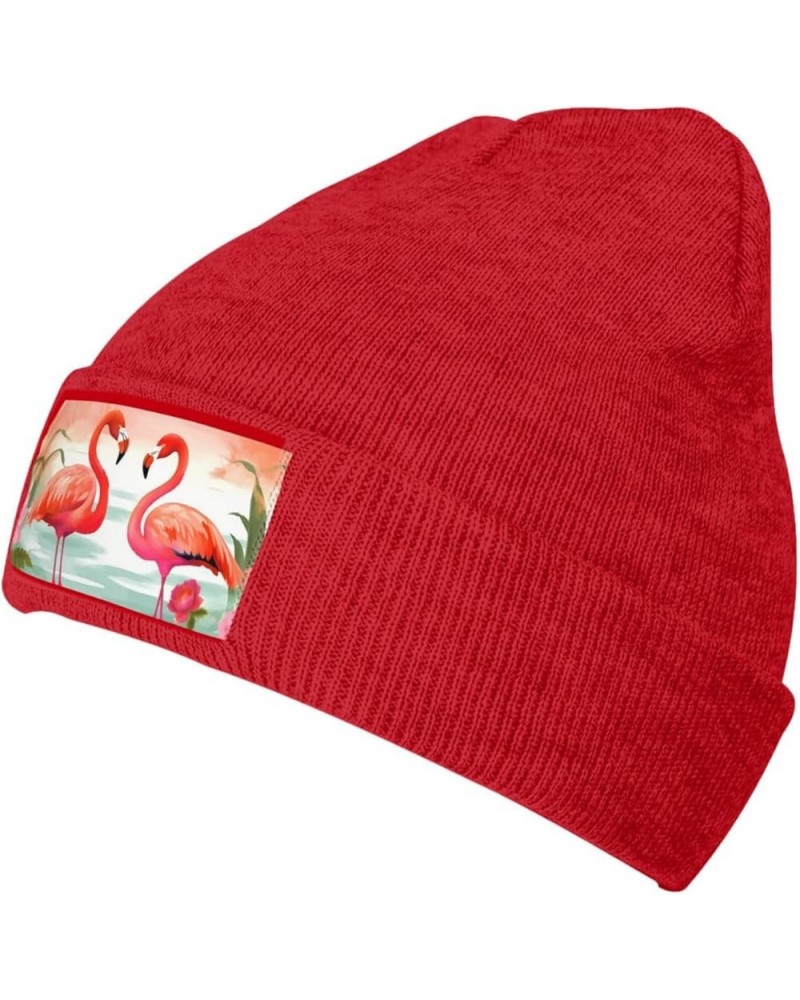 Knitted Hat Two Red Flamingos Print Beanie for Women Soft Warm Beanie Cap Casual Knit Hat Men Winter Beanies Red $9.01 Skulli...