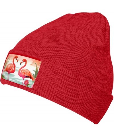 Knitted Hat Two Red Flamingos Print Beanie for Women Soft Warm Beanie Cap Casual Knit Hat Men Winter Beanies Red $9.01 Skulli...