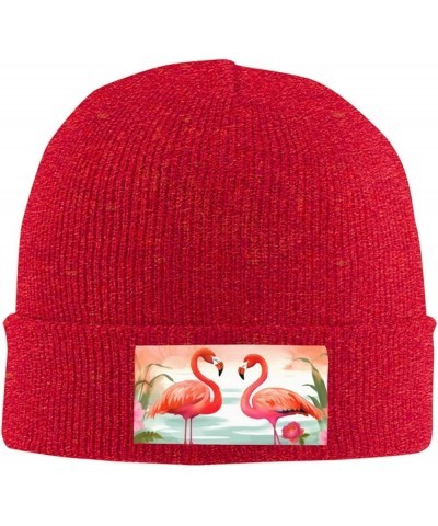 Knitted Hat Two Red Flamingos Print Beanie for Women Soft Warm Beanie Cap Casual Knit Hat Men Winter Beanies Red $9.01 Skulli...