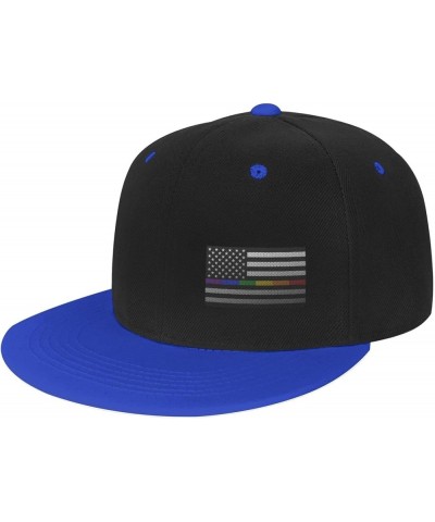 Mesh Style United States Rainbow Fine Line Flag Snapback Hat Flat Bill Hat Baseball Cap for Men Women Flat Brim Hats Blue $9....