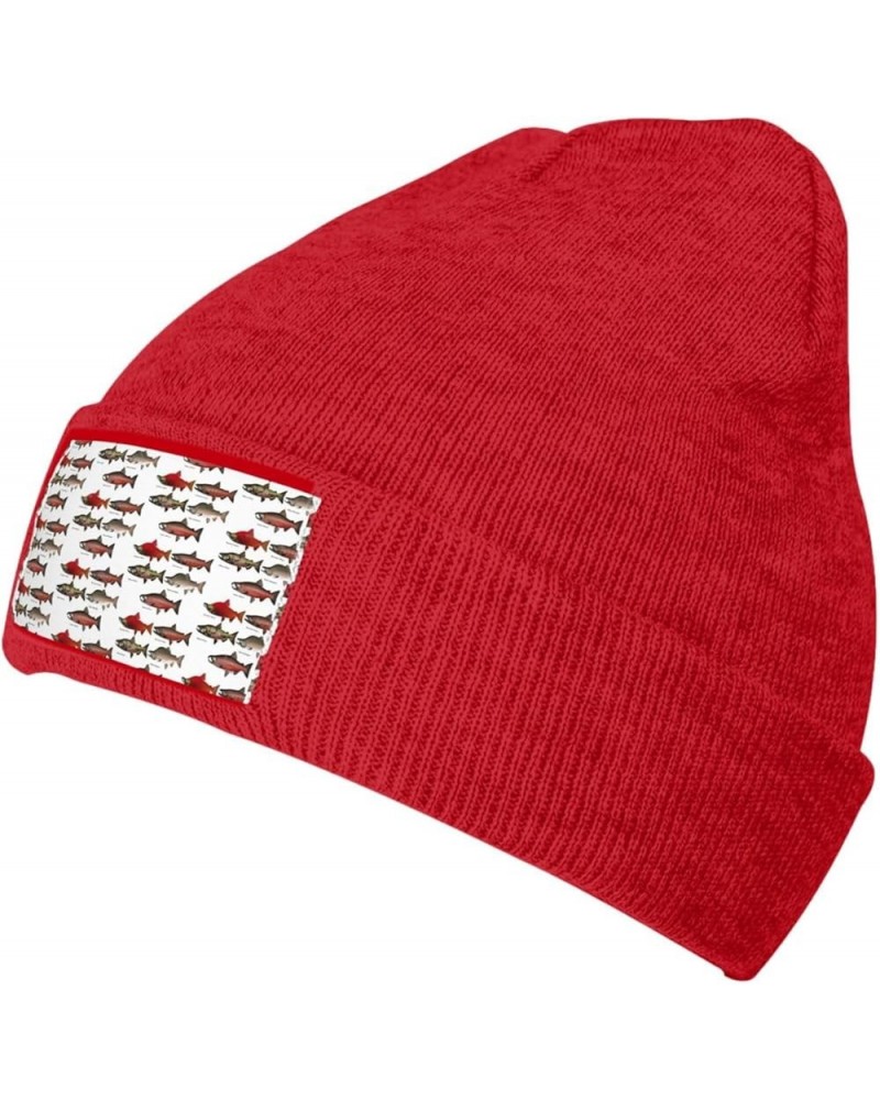 Multifunction Salmon Print Knitted Hat Gifts Outdoor Daily Unisexn Beanie Soft Warm,Elastic Red $12.50 Skullies & Beanies