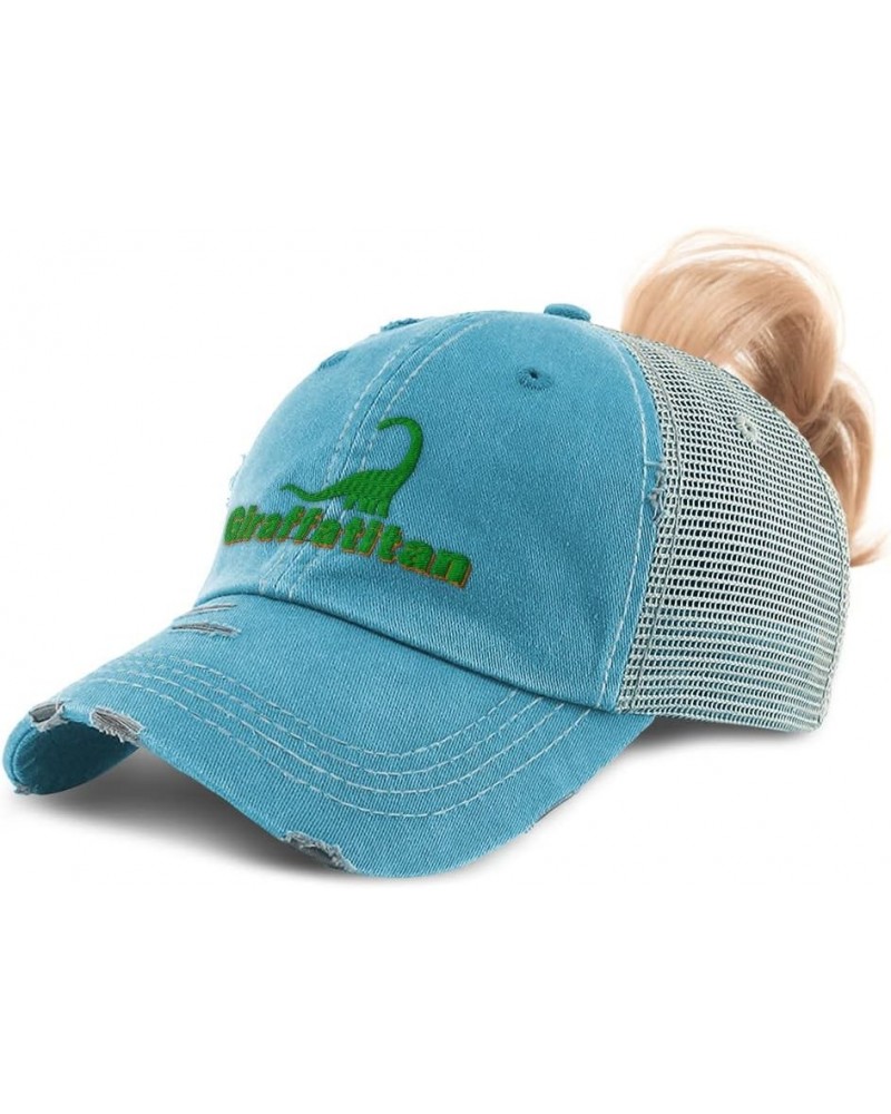 Custom Womens Ponytail Cap Giraffatitan Dinosaurs Jurassic Cotton Prehistoric Distressed Trucker Hat Turquoise Design Only $1...