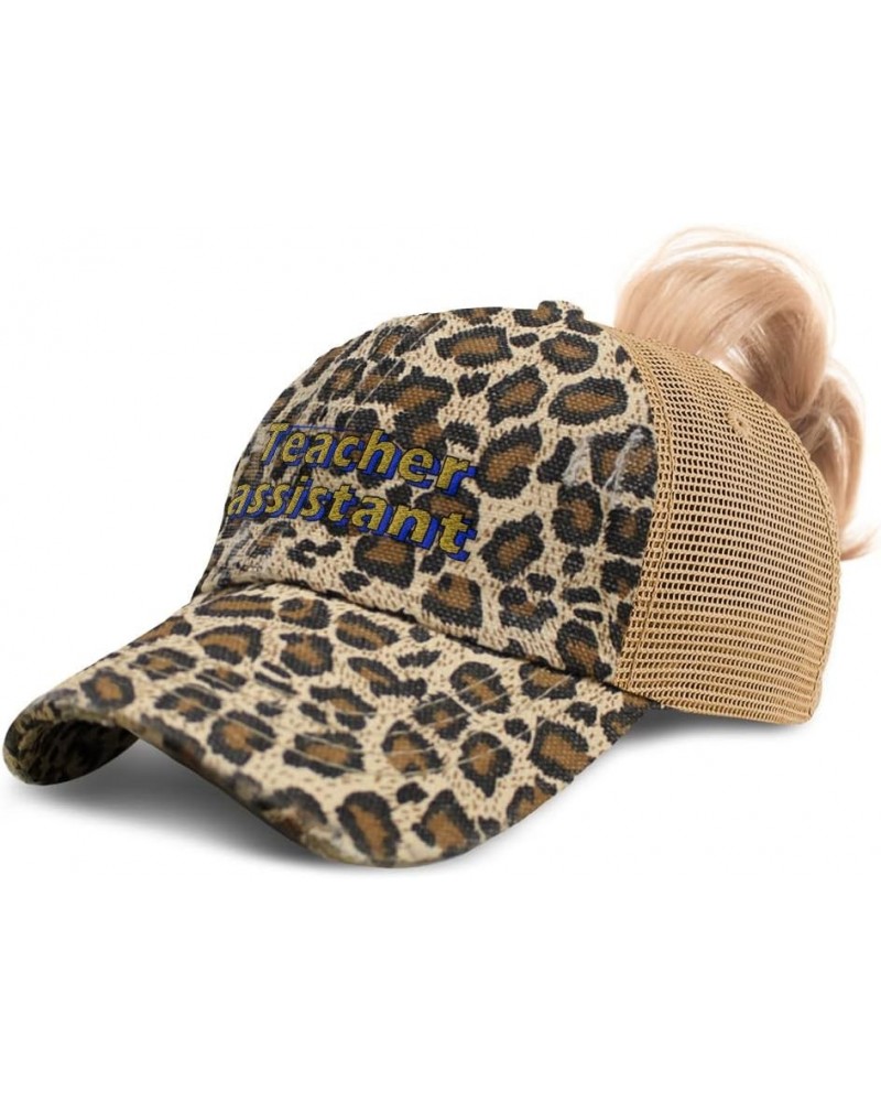 Womens Ponytail Cap Teacher Assistant School Cotton Education Distressed Trucker Hat Leopard Design Only $12.90 Baseball Caps