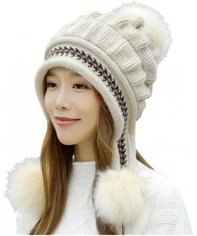 Beanie for Women Winter Cap Thermal Knitted Cute Casual Hairball Rabbit Ear Printed Trendy Hat Skiing Earmuffs Windproof D68-...