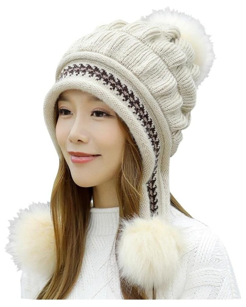 Beanie for Women Winter Cap Thermal Knitted Cute Casual Hairball Rabbit Ear Printed Trendy Hat Skiing Earmuffs Windproof D68-...