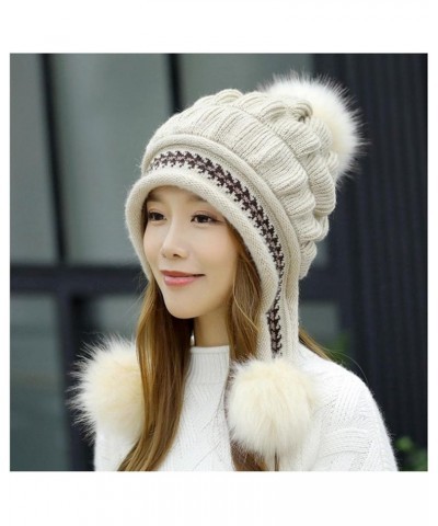 Beanie for Women Winter Cap Thermal Knitted Cute Casual Hairball Rabbit Ear Printed Trendy Hat Skiing Earmuffs Windproof D68-...