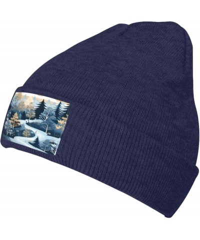 Winter Forest Trees Unisex Winter Beanie Knit Hats Ideal Gifts for Men and Women Navy Blue $9.24 Skullies & Beanies