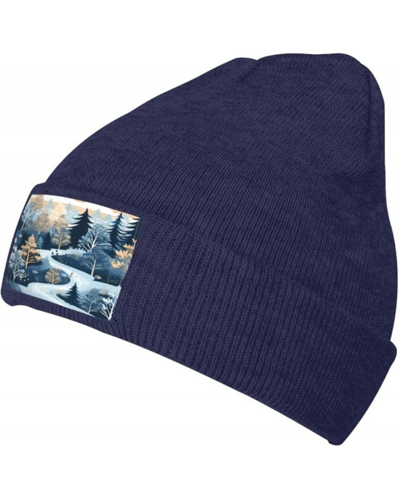 Winter Forest Trees Unisex Winter Beanie Knit Hats Ideal Gifts for Men and Women Navy Blue $9.24 Skullies & Beanies