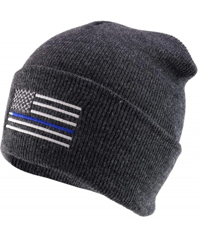 Made in USA Thin Blue Line Flag Embroidered Cuff Long Beanie Charcoal $12.00 Skullies & Beanies