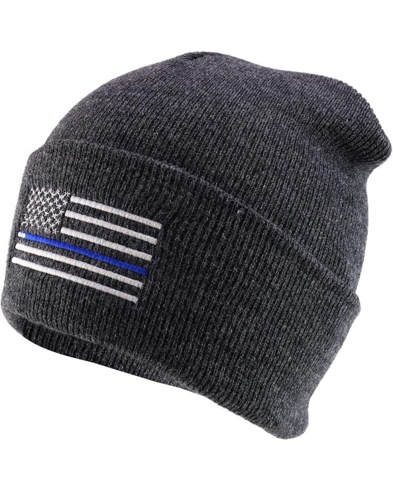 Made in USA Thin Blue Line Flag Embroidered Cuff Long Beanie Charcoal $12.00 Skullies & Beanies