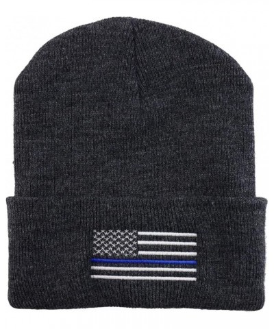 Made in USA Thin Blue Line Flag Embroidered Cuff Long Beanie Charcoal $12.00 Skullies & Beanies