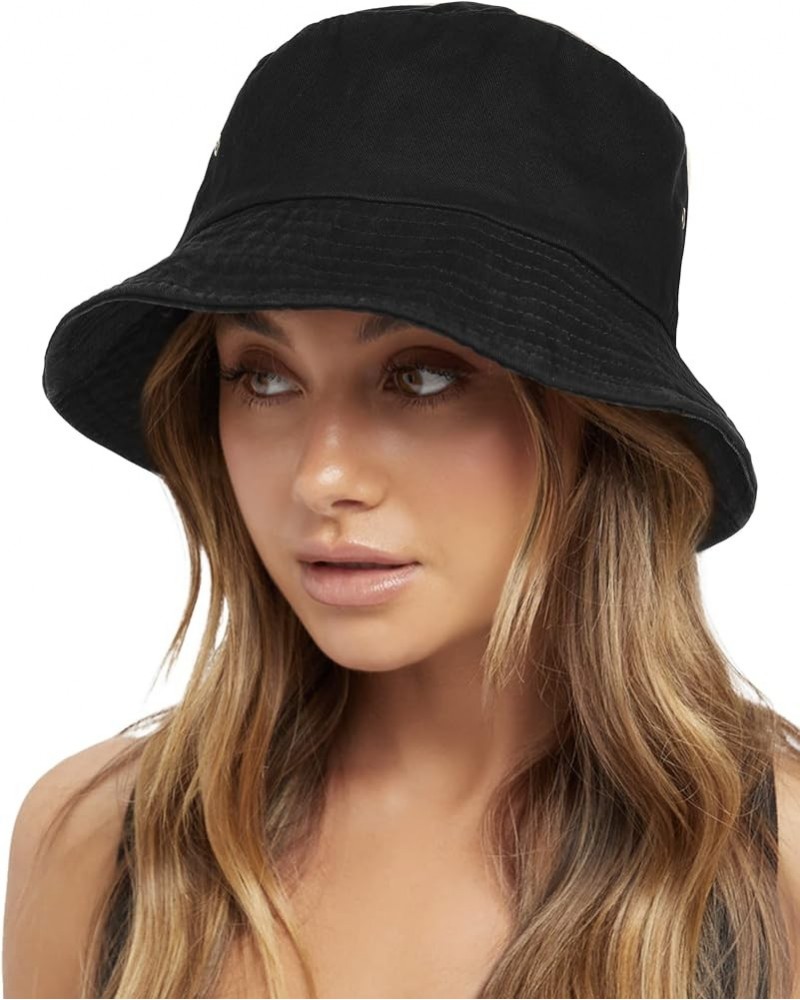 Bucket Hats for Women Washed Cotton Packable Summer Beach Sun Hats Mens Womens Bucket Hat with Strings for Travel Black $10.9...