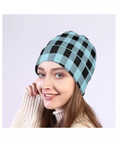 Women and Men Beanie Hat for Winter Soft Thick Warm Slouchy Knit Skull Cap Polka Dot Theme Print Blue Plaid $10.91 Skullies &...