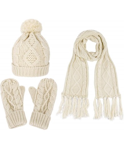 Adult Women's 3 Piece Winter Set - Pompom Beanie Hat, Scarf, & Mittens Beige Tassels Glove W/ Lined $23.19 Skullies & Beanies