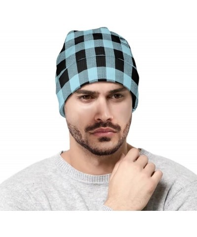 Women and Men Beanie Hat for Winter Soft Thick Warm Slouchy Knit Skull Cap Polka Dot Theme Print Blue Plaid $10.91 Skullies &...